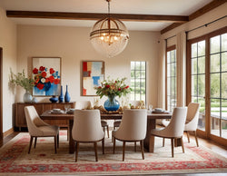 Collection of a modern dining room with a warm and inviting atmosphere. The layout features a rectangular wooden dining table surrounded by eight upholstered chairs in a ligh in a gallery layout