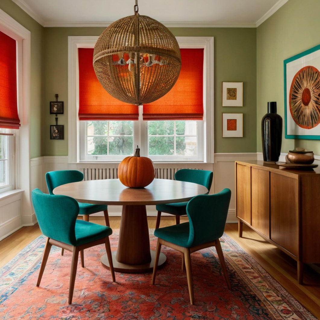 Collection of The dining room boasts a warm and inviting atmosphere, enhanced by an oriental-style carpet measuring 5x8. The round dining table, situated at the centre of the in a gallery layout