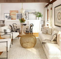 Collection of It depicts a modern and stylish living room with a warm and inviting atmosphere. On the right side of the layout is a white sofa with cushions in neutral tones  in a gallery layout