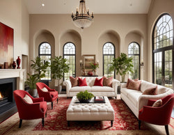 Collection of a luxurious and elegant living room with a classic style. The layout features two white sofas and four red armchairs arranged around a large, tufted white ottom in a gallery layout