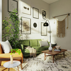 The room features a white Moroccan rug as a central piece, with a coffee table holding a book and two ceramic decorations. It includes a green sofa, yellow armc