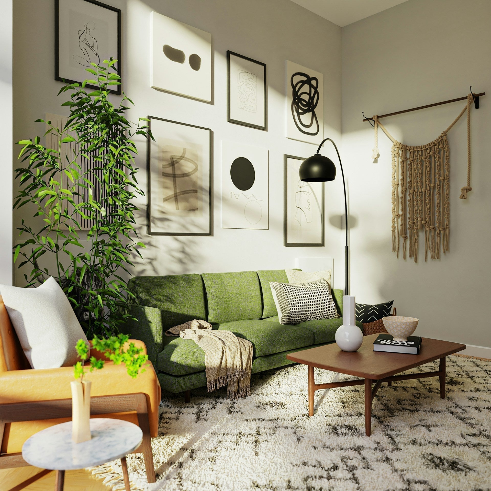 Collection of The room features a white Moroccan rug as a central piece, with a coffee table holding a book and two ceramic decorations. It includes a green sofa, yellow armc in a gallery layout