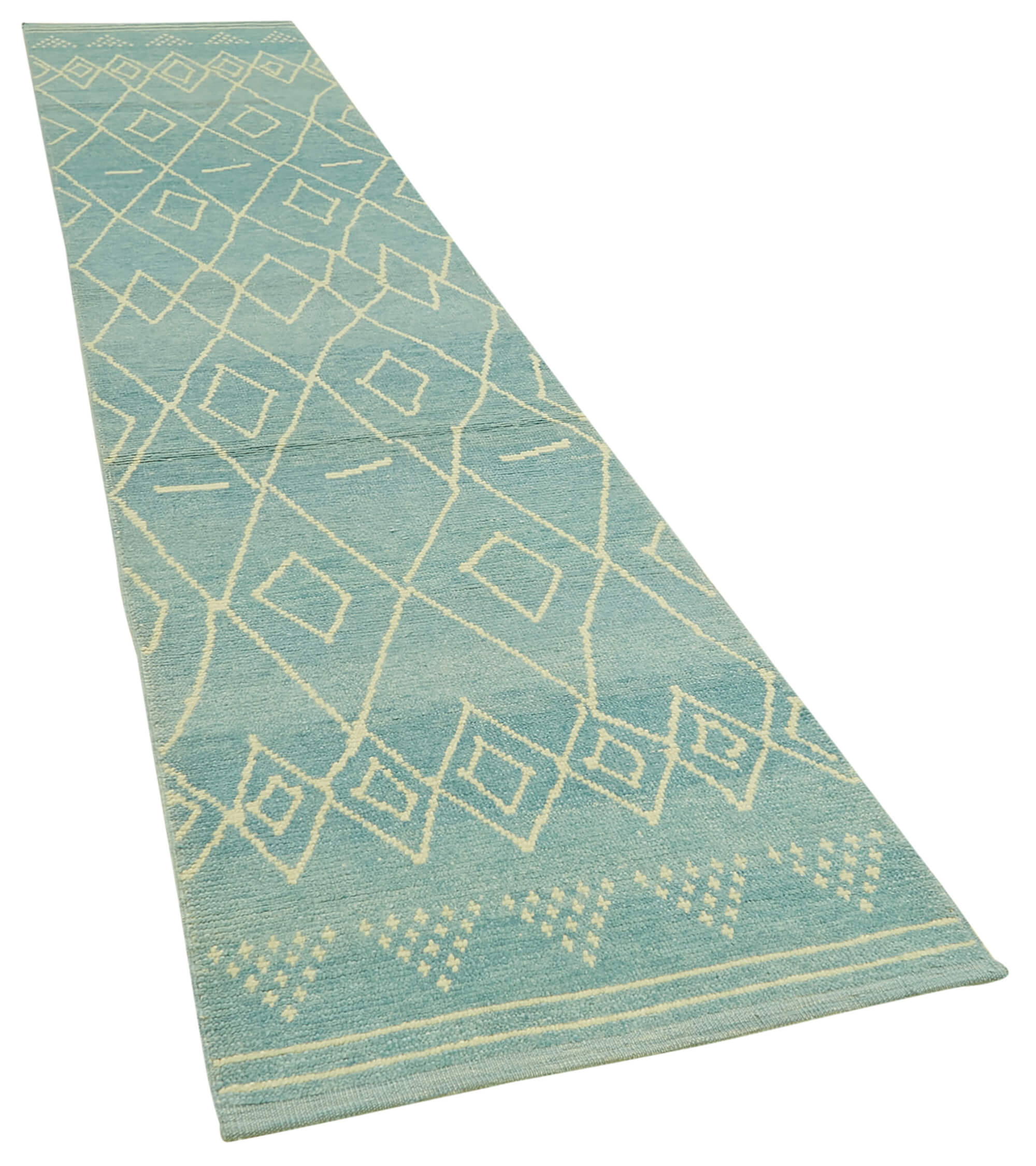 Collection of 2' 11'' x 14' 7'' Turquoise Color Moroccan Runner Rug in a gallery layout