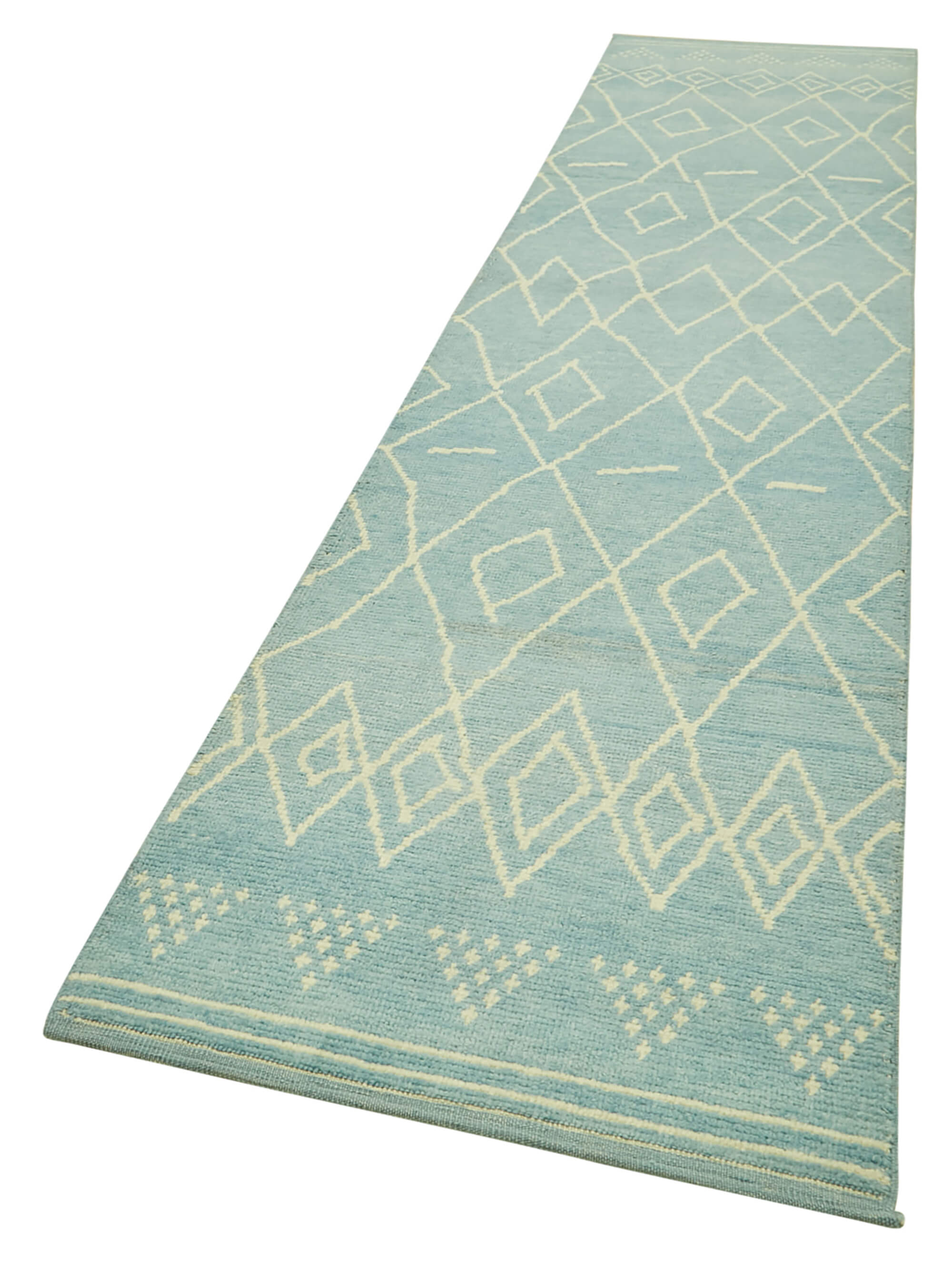 Collection of 2' 11'' x 14' 7'' Turquoise Color Moroccan Runner Rug in a gallery layout