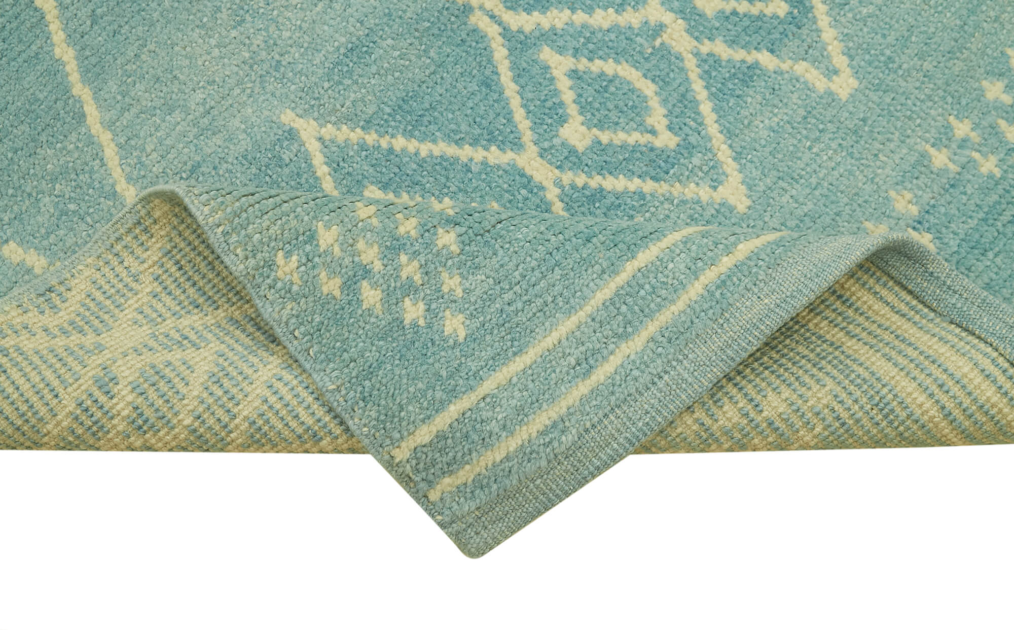 Collection of 2' 11'' x 14' 7'' Turquoise Color Moroccan Runner Rug in a gallery layout