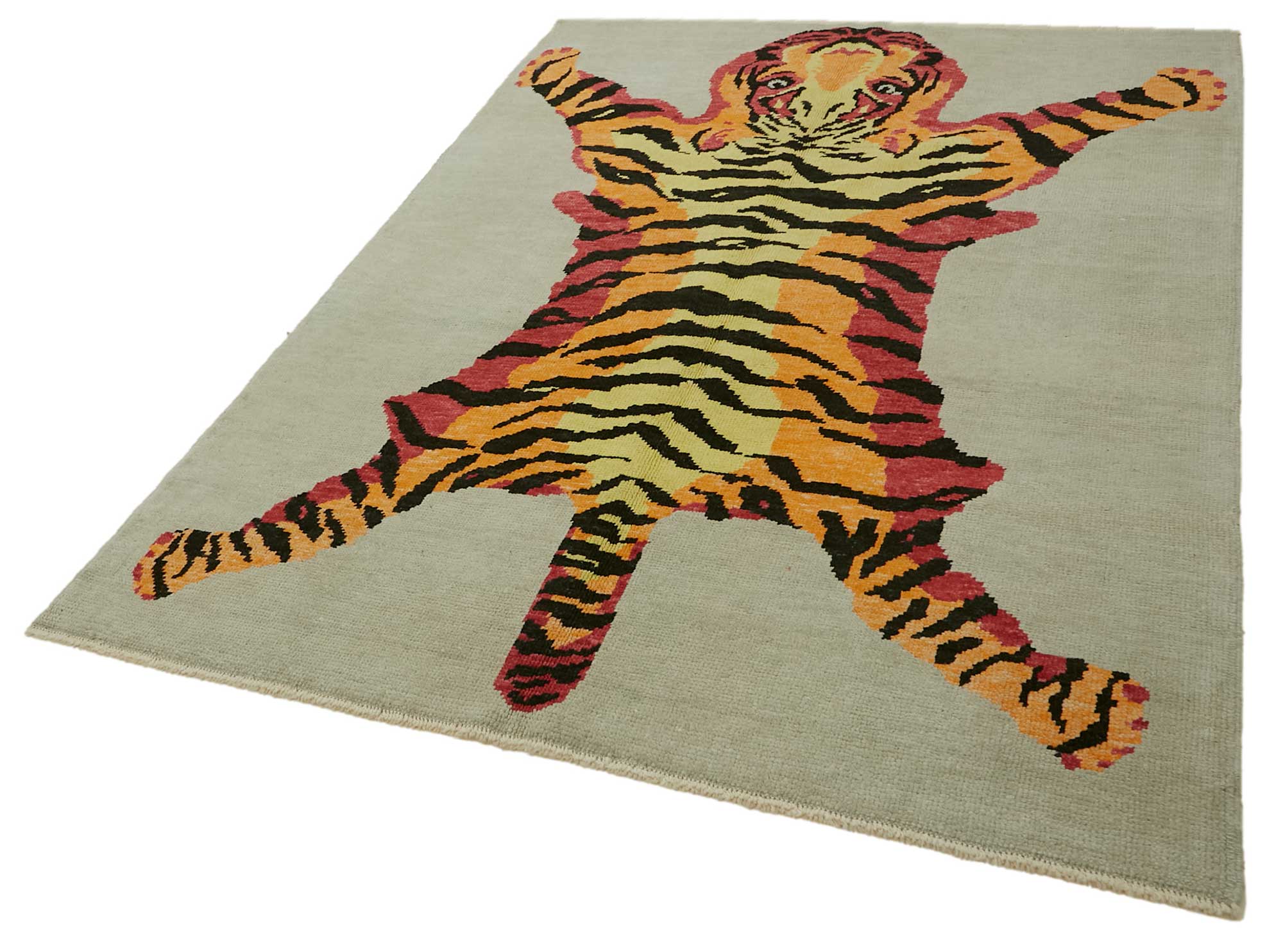 Collection of 5' 6'' x 7' 7'' Handmade Tiger Rug in a gallery layout